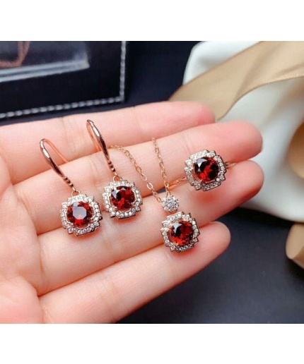 Natural Red Garnet Jewelry Set, Engagement Ring, Red Garnet Jewellery Set, Woman Pendant, Garnet Necklace, Luxury Pendent, Round Cut Stone | Save 33% - Rajasthan Living