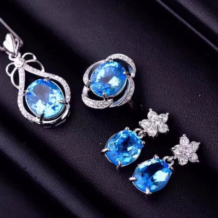 Natural Blue Topaz Jewelry Set, Engagement Ring, Blue Topaz Jewelry Set, Woman Pendant, Topaz Necklace, Luxury Pendant, Oval Cut Stone | Save 33% - Rajasthan Living 9