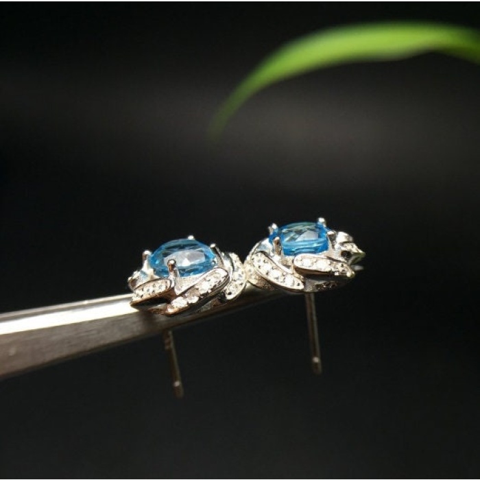 Natural Blue Topaz Stud Earrings, 925 Sterling Silver, Studs Earrings, Blue Topaz Earrings, Luxury Earrings, Round Cut Stone Earrings | Save 33% - Rajasthan Living 7