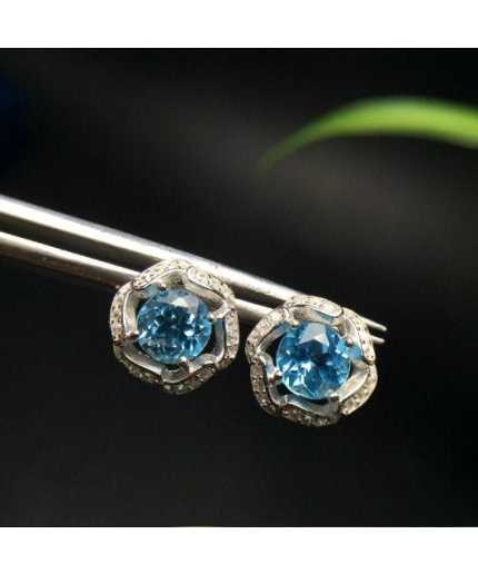 Natural Blue Topaz Stud Earrings, 925 Sterling Silver, Studs Earrings, Blue Topaz Earrings, Luxury Earrings, Round Cut Stone Earrings | Save 33% - Rajasthan Living