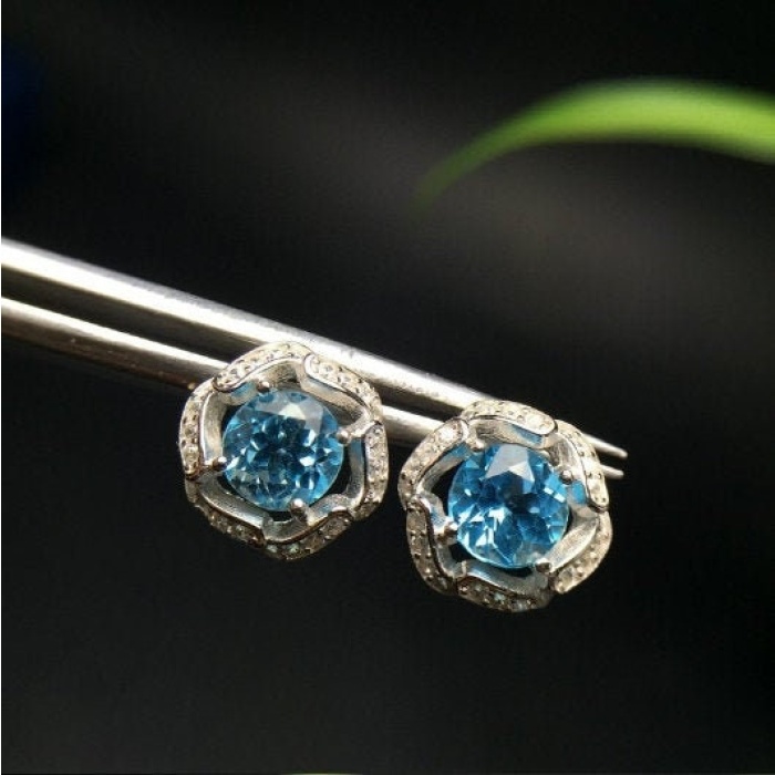 Natural Blue Topaz Stud Earrings, 925 Sterling Silver, Studs Earrings, Blue Topaz Earrings, Luxury Earrings, Round Cut Stone Earrings | Save 33% - Rajasthan Living 5