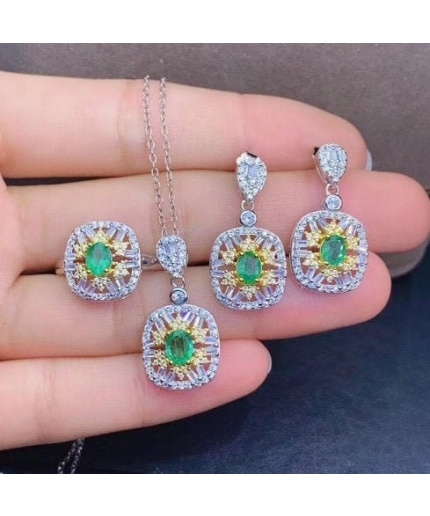 Natural Emerald Jewelry Set, Engagement Ring, Emerald Silver Pendent, Woman Earring Pendant Necklace, Luxury Pendent, Oval Cut Stone Pendent | Save 33% - Rajasthan Living