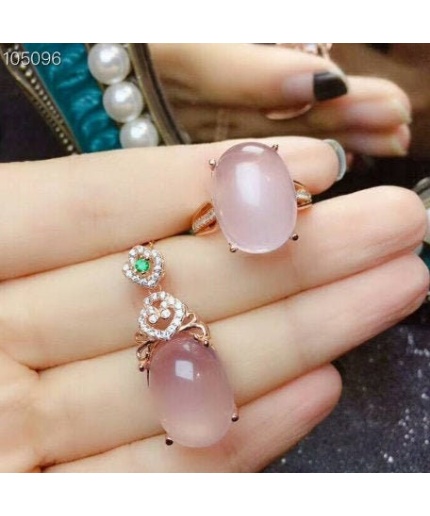 Natural Rose Quartz Jewelry Set, Engagement Ring, Rose Quartz Silver Pendent, Woman Pendant, Pendant Necklace, Luxury Ring, Oval Cabochon | Save 33% - Rajasthan Living