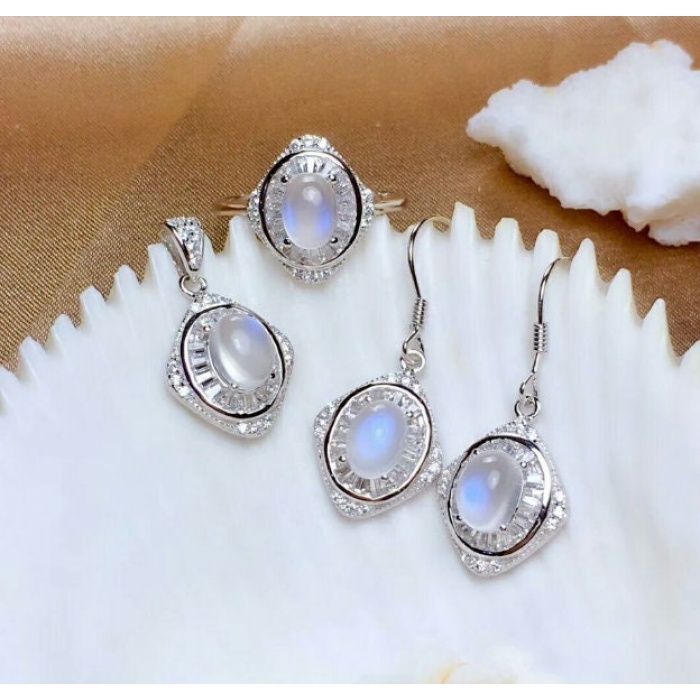 Natural Moonstone Jewelry Set, Engagement Ring, Moonstone Silver Pendent, Woman Pendant, Pendant Necklace, Luxury Ring, Oval Stone Earrings | Save 33% - Rajasthan Living 10