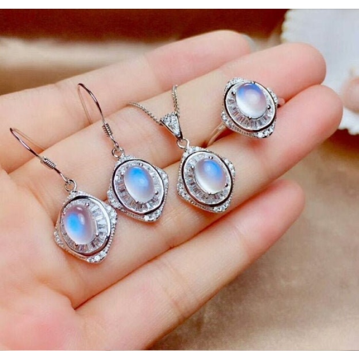 Natural Moonstone Jewelry Set, Engagement Ring, Moonstone Silver Pendent, Woman Pendant, Pendant Necklace, Luxury Ring, Oval Stone Earrings | Save 33% - Rajasthan Living 5