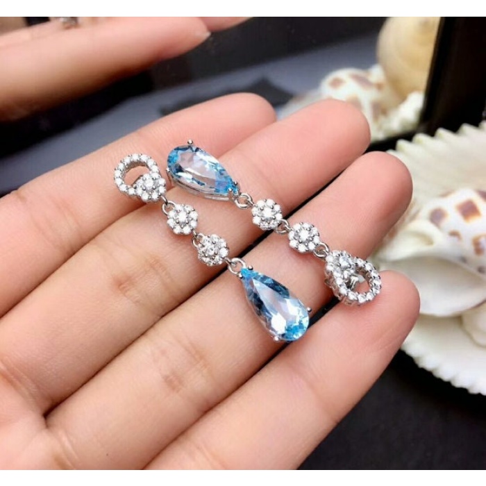 Natural Sky Blue Topaz Drop Earrings, 925 Sterling Silver, Studs Earrings, Blue Topaz Earrings, Luxury Earrings, Pear Cut Stone Earrings | Save 33% - Rajasthan Living 6