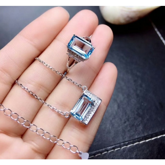 Natural Blue Topaz Jewelry Set, Engagement Ring, Blue Topaz Jewellery Set, Woman Pendant, Topaz Necklace, Luxury Pendant, Emerald Cut Stone | Save 33% - Rajasthan Living 9