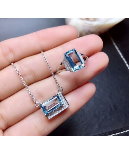 Natural Blue Topaz Jewelry Set, Engagement Ring, Blue Topaz Jewellery Set, Woman Pendant, Topaz Necklace, Luxury Pendant, Emerald Cut Stone | Save 33% - Rajasthan Living