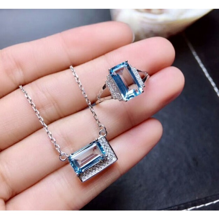 Natural Blue Topaz Jewelry Set, Engagement Ring, Blue Topaz Jewellery Set, Woman Pendant, Topaz Necklace, Luxury Pendant, Emerald Cut Stone | Save 33% - Rajasthan Living 5