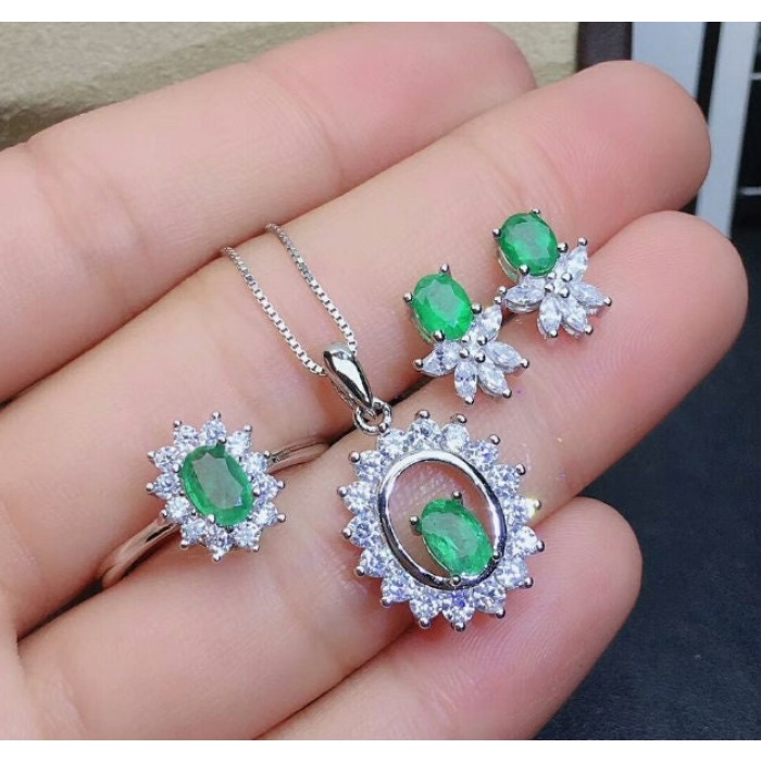 Natural Emerald Jewelry Set, Engagement Ring, Emerald Silver Pendent, Woman Earring Pendant Necklace, Luxury Pendent, Oval Cut Stone Pendent | Save 33% - Rajasthan Living 5