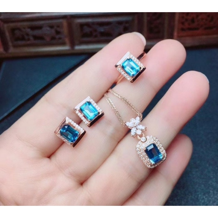 Natural Blue Topaz Jewelry Set, Engagement Ring, Blue Topaz Jewellery Set, Woman Pendant, Topaz Necklace, Luxury Pendant, Emerald Cut Stone | Save 33% - Rajasthan Living 9