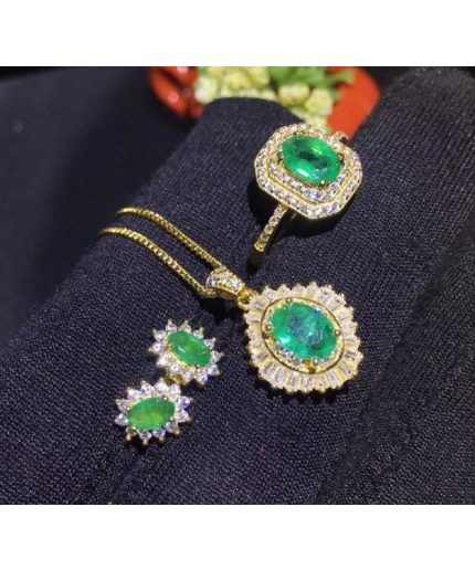 Natural Emerald Jewelry Set, Engagement Ring, Emerald Silver Pendent, Woman Earring Pendant Necklace, Luxury Pendent, Oval Cut Stone Pendent | Save 33% - Rajasthan Living