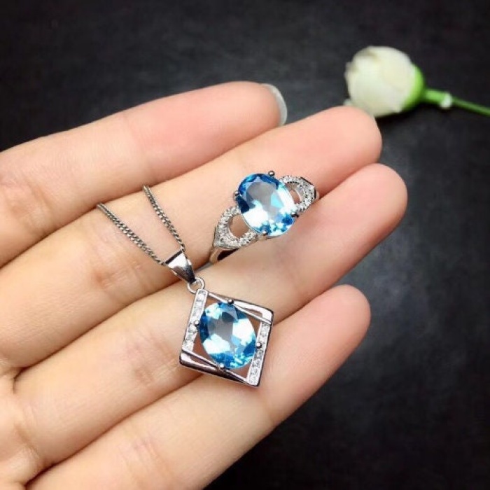 Natural Blue Topaz Jewelry Set, Engagement Ring, Blue Topaz Jewelry Set, Woman Pendant, Topaz Necklace, Luxury Pendant, Oval Cut Stone | Save 33% - Rajasthan Living 8