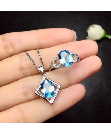 Natural Blue Topaz Jewelry Set, Engagement Ring, Blue Topaz Jewelry Set, Woman Pendant, Topaz Necklace, Luxury Pendant, Oval Cut Stone | Save 33% - Rajasthan Living