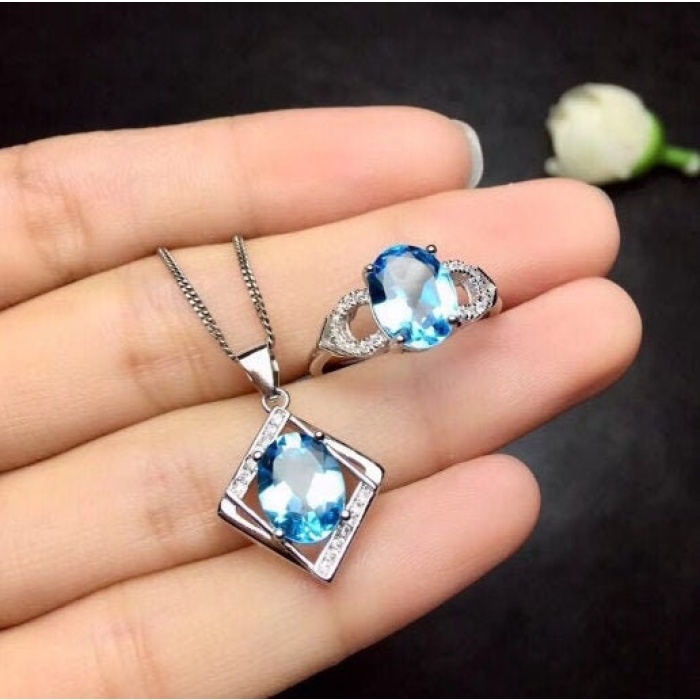 Natural Blue Topaz Jewelry Set, Engagement Ring, Blue Topaz Jewelry Set, Woman Pendant, Topaz Necklace, Luxury Pendant, Oval Cut Stone | Save 33% - Rajasthan Living 5