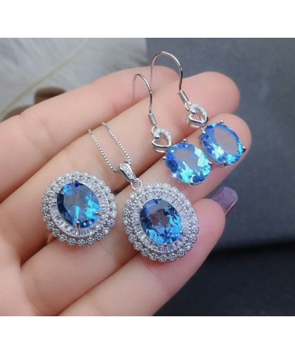 Natural Blue Topaz Jewelry Set, Engagement Ring, Blue Topaz Jewellery Set, Woman Pendant, Topaz Necklace, Luxury Pendant, Oval Cut Stone | Save 33% - Rajasthan Living