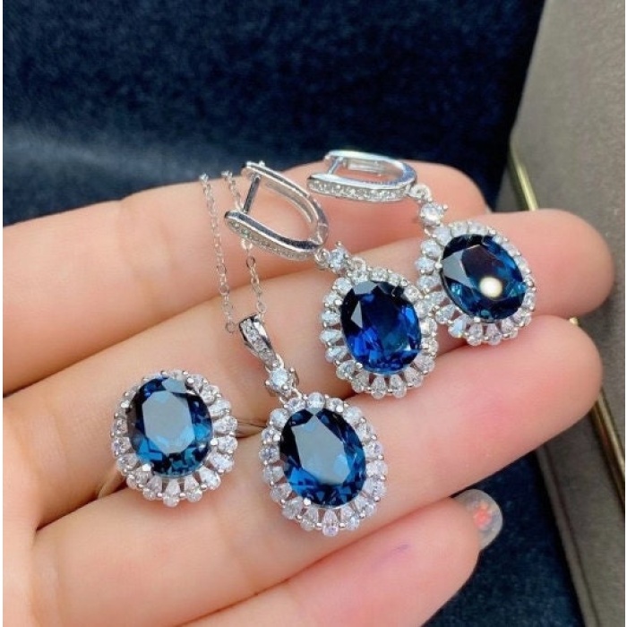 Natural Blue Topaz Jewelry Set, Engagement Ring, Blue Topaz Jewelry Set, Woman Pendant, Topaz Necklace, Luxury Pendant, Oval Cut Stone | Save 33% - Rajasthan Living 5