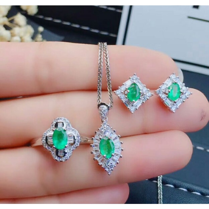 Natural Emerald Jewelry Set, Engagement Ring, Emerald Silver Pendent, Woman Earring Pendant Necklace, Luxury Pendent, Oval Cut Stone Pendent | Save 33% - Rajasthan Living 6