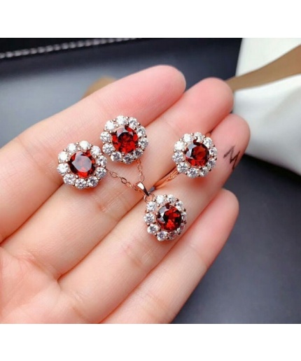 Natural Red Garnet Jewelry Set, Engagement Ring, Red Garnet Jewellery Set, Woman Pendant, Garnet Necklace, Luxury Pendent, Round Cut Stone | Save 33% - Rajasthan Living