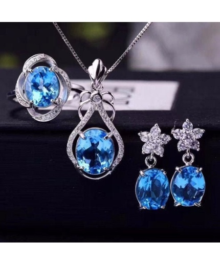 Natural Blue Topaz Jewelry Set, Engagement Ring, Blue Topaz Jewelry Set, Woman Pendant, Topaz Necklace, Luxury Pendant, Oval Cut Stone | Save 33% - Rajasthan Living