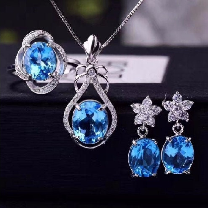 Natural Blue Topaz Jewelry Set, Engagement Ring, Blue Topaz Jewelry Set, Woman Pendant, Topaz Necklace, Luxury Pendant, Oval Cut Stone | Save 33% - Rajasthan Living 5