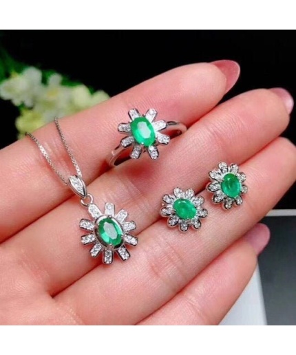 Natural Emerald Jewelry Set, Engagement Ring, Emerald Silver Pendent, Woman Earring Pendant Necklace, Luxury Pendent, Oval Cut Stone Pendent | Save 33% - Rajasthan Living