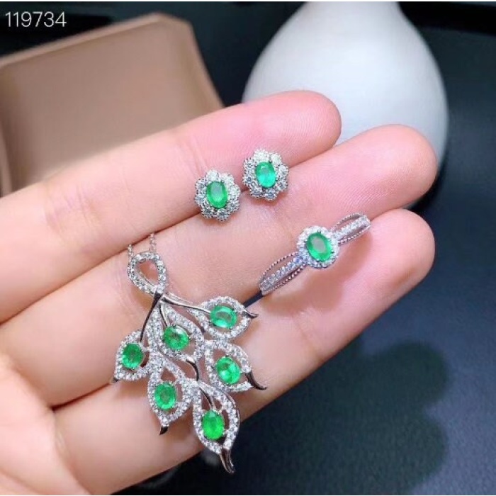 Natural Emerald Jewelry Set, Engagement Ring, Emerald Silver Pendent, Woman Earring Pendant Necklace, Luxury Pendent, Oval Cut Stone Pendent | Save 33% - Rajasthan Living 8