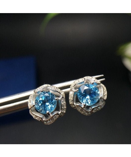 Natural Blue Topaz Stud Earrings, 925 Sterling Silver, Studs Earrings, Blue Topaz Earrings, Luxury Earrings, Round Cut Stone Earrings | Save 33% - Rajasthan Living 3