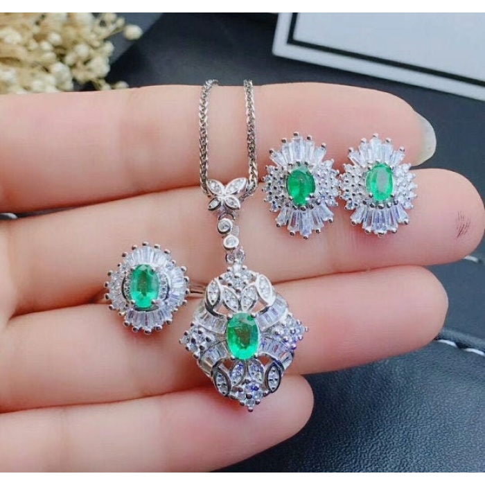 Natural Emerald Jewelry Set, Engagement Ring, Emerald Silver Pendent, Woman Earring Pendant Necklace, Luxury Pendent, Oval Cut Stone Pendent | Save 33% - Rajasthan Living 5