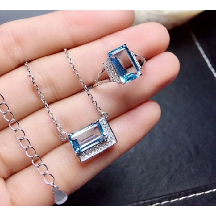 Natural Blue Topaz Jewelry Set, Engagement Ring, Blue Topaz Jewellery Set, Woman Pendant, Topaz Necklace, Luxury Pendant, Emerald Cut Stone | Save 33% - Rajasthan Living 10