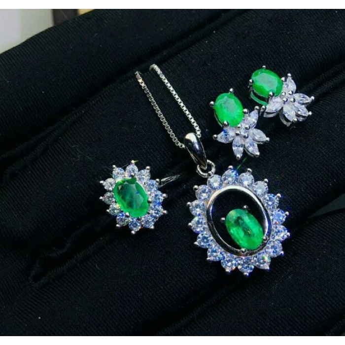 Natural Emerald Jewelry Set, Engagement Ring, Emerald Silver Pendent, Woman Earring Pendant Necklace, Luxury Pendent, Oval Cut Stone Pendent | Save 33% - Rajasthan Living 9