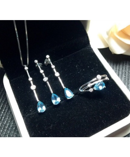 Natural Blue Topaz Jewelry Set, Engagement Ring, Blue Topaz Jewellery Set, Woman Pendant, Topaz Necklace, Luxury Pendant, Pear Cut Stone | Save 33% - Rajasthan Living