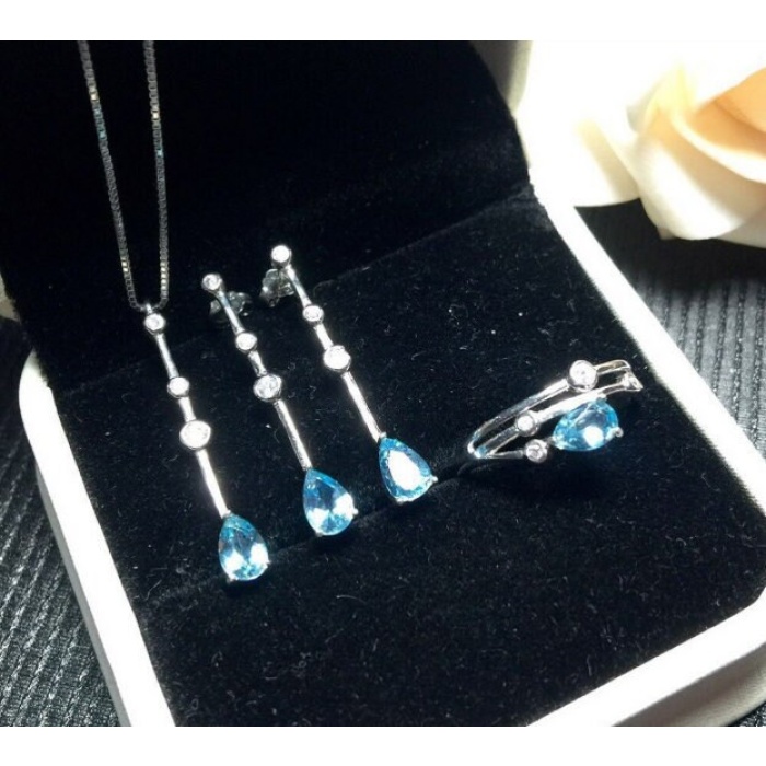 Natural Blue Topaz Jewelry Set, Engagement Ring, Blue Topaz Jewellery Set, Woman Pendant, Topaz Necklace, Luxury Pendant, Pear Cut Stone | Save 33% - Rajasthan Living 5