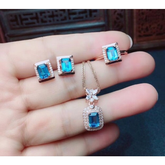 Natural Blue Topaz Jewelry Set, Engagement Ring, Blue Topaz Jewellery Set, Woman Pendant, Topaz Necklace, Luxury Pendant, Emerald Cut Stone | Save 33% - Rajasthan Living 5