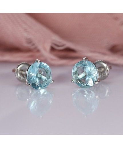 Lab Aquamarine Stud Earrings, 925 Sterling Silver, Aquamarine Earrings, Aquamarine Silver Earrings, Luxury Earrings, Round Cut Earrings | Save 33% - Rajasthan Living 3