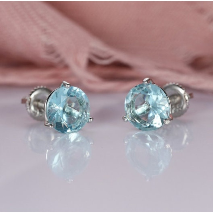 Lab Aquamarine Stud Earrings, 925 Sterling Silver, Aquamarine Earrings, Aquamarine Silver Earrings, Luxury Earrings, Round Cut Earrings | Save 33% - Rajasthan Living 6