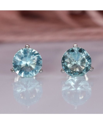 Lab Aquamarine Stud Earrings, 925 Sterling Silver, Aquamarine Earrings, Aquamarine Silver Earrings, Luxury Earrings, Round Cut Earrings | Save 33% - Rajasthan Living