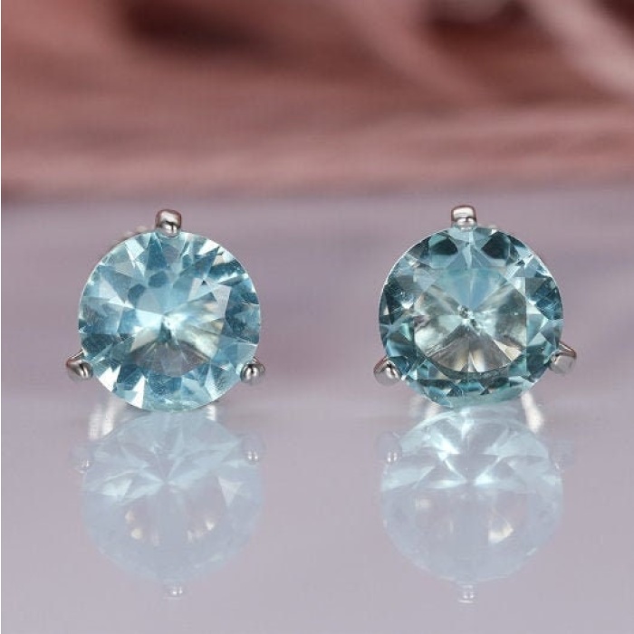 Lab Aquamarine Stud Earrings, 925 Sterling Silver, Aquamarine Earrings, Aquamarine Silver Earrings, Luxury Earrings, Round Cut Earrings | Save 33% - Rajasthan Living 5