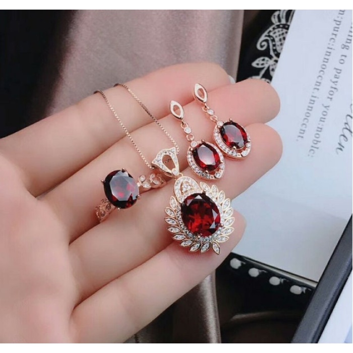 Natural Red Garnet Jewelry Set, Engagement Ring, Red Garnet Jewellery Set, Woman Pendant, Garnet Necklace, Luxury Pendent, Oval Cut Stone | Save 33% - Rajasthan Living 9