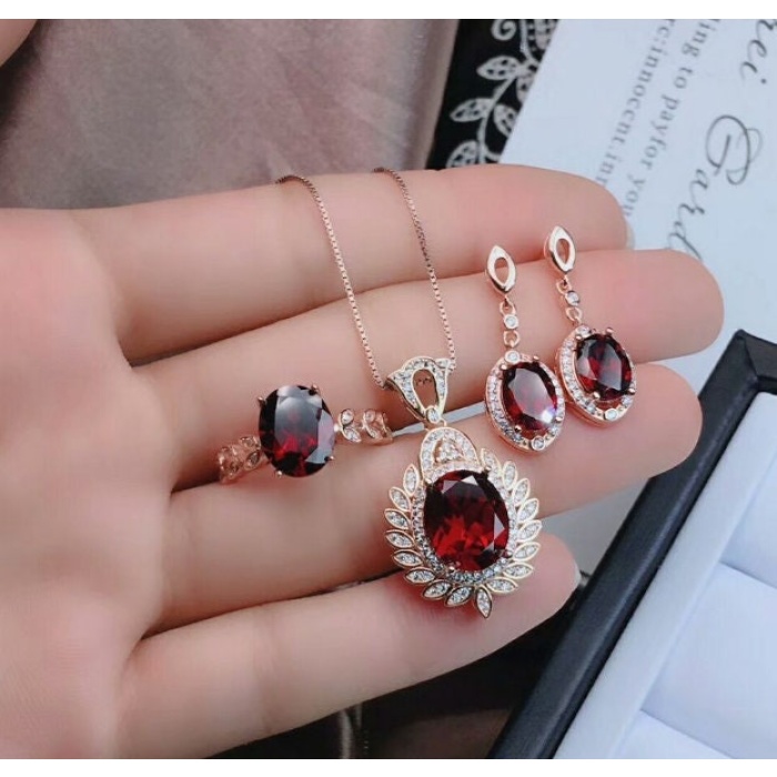 Natural Red Garnet Jewelry Set, Engagement Ring, Red Garnet Jewellery Set, Woman Pendant, Garnet Necklace, Luxury Pendent, Oval Cut Stone | Save 33% - Rajasthan Living 5