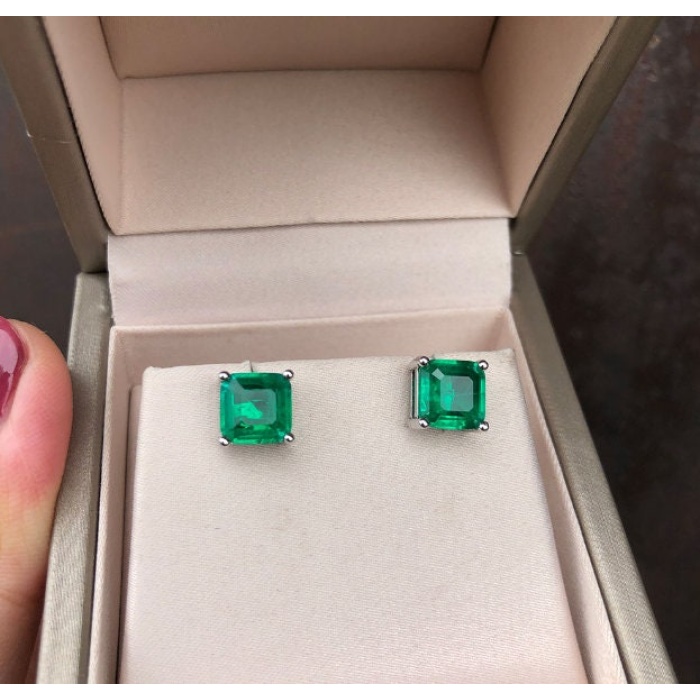 Lab Emerald Stud Earrings, 925 Sterling Silver, Emerald Stud Earrings, Emerald Silver Earrings, Luxury Earrings, Asscher Cut Stone Earrings | Save 33% - Rajasthan Living 6