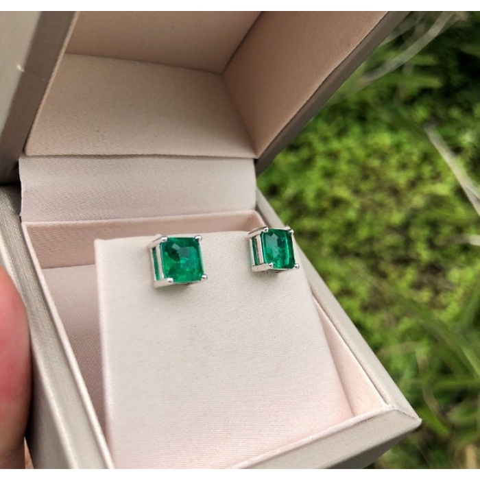 Lab Emerald Stud Earrings, 925 Sterling Silver, Emerald Stud Earrings, Emerald Silver Earrings, Luxury Earrings, Asscher Cut Stone Earrings | Save 33% - Rajasthan Living 7