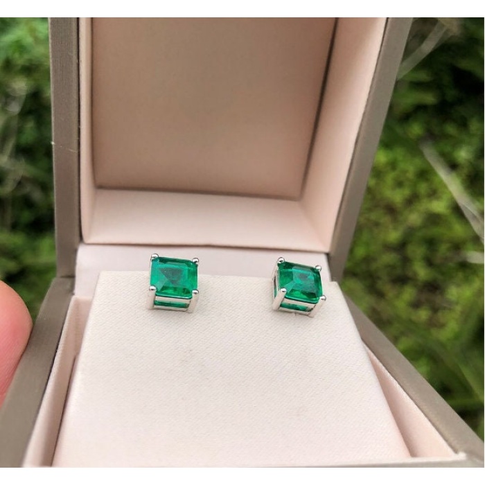 Lab Emerald Stud Earrings, 925 Sterling Silver, Emerald Stud Earrings, Emerald Silver Earrings, Luxury Earrings, Asscher Cut Stone Earrings | Save 33% - Rajasthan Living 9