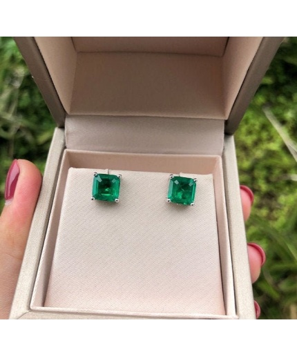 Lab Emerald Stud Earrings, 925 Sterling Silver, Emerald Stud Earrings, Emerald Silver Earrings, Luxury Earrings, Asscher Cut Stone Earrings | Save 33% - Rajasthan Living