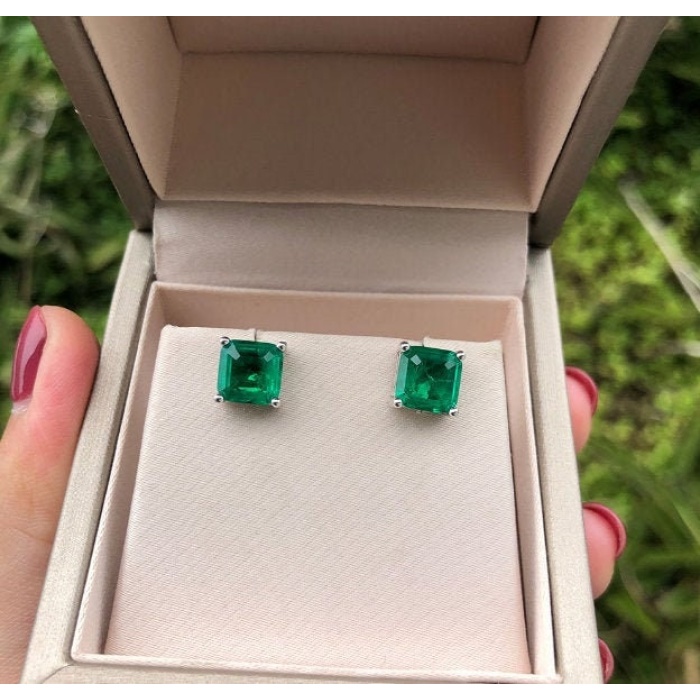 Lab Emerald Stud Earrings, 925 Sterling Silver, Emerald Stud Earrings, Emerald Silver Earrings, Luxury Earrings, Asscher Cut Stone Earrings | Save 33% - Rajasthan Living 5