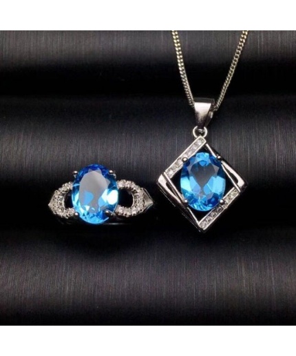 Natural Blue Topaz Jewelry Set, Engagement Ring, Blue Topaz Jewelry Set, Woman Pendant, Topaz Necklace, Luxury Pendant, Oval Cut Stone | Save 33% - Rajasthan Living 3