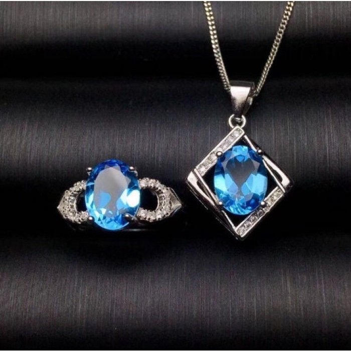 Natural Blue Topaz Jewelry Set, Engagement Ring, Blue Topaz Jewelry Set, Woman Pendant, Topaz Necklace, Luxury Pendant, Oval Cut Stone | Save 33% - Rajasthan Living 6