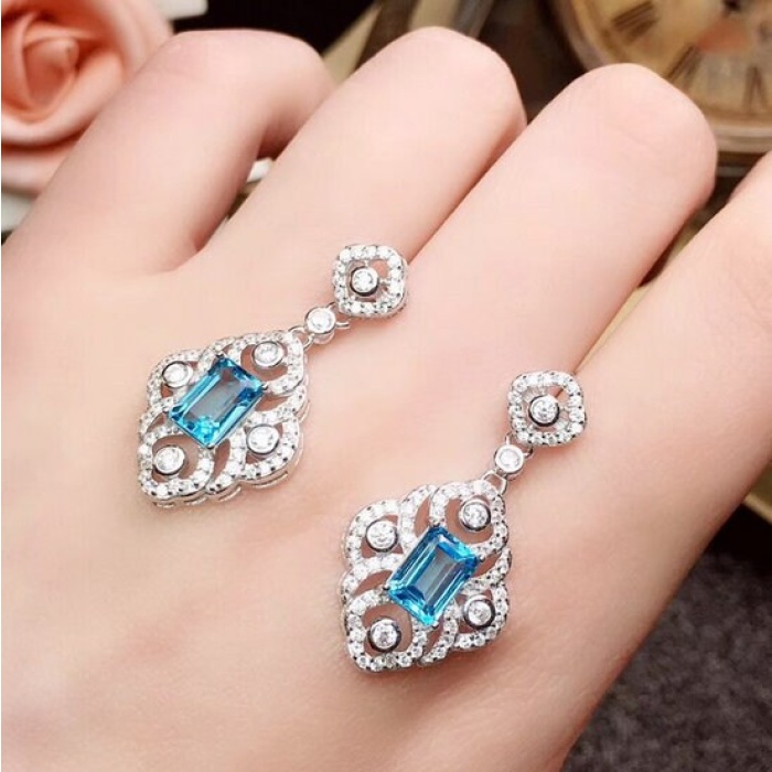 Natural Blue Topaz Drop Earrings, 925 Sterling Silver, Studs Earrings, Blue Topaz Earrings, Luxury Earrings, Emerald Cut Stone Earrings | Save 33% - Rajasthan Living 7