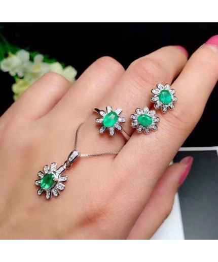 Natural Emerald Jewelry Set, Engagement Ring, Emerald Silver Pendent, Woman Earring Pendant Necklace, Luxury Pendent, Oval Cut Stone Pendent | Save 33% - Rajasthan Living 3