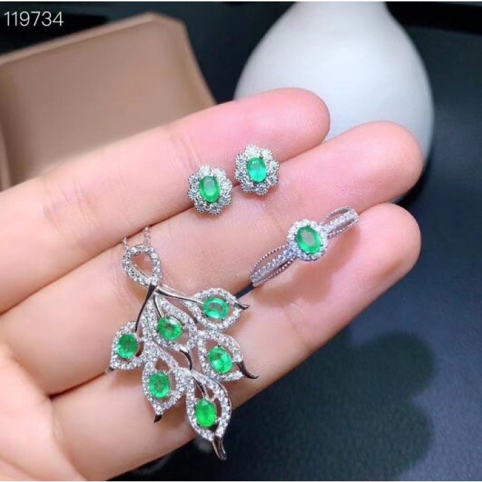 Natural Emerald Jewelry Set, Engagement Ring, Emerald Silver Pendent, Woman Earring Pendant Necklace, Luxury Pendent, Oval Cut Stone Pendent | Save 33% - Rajasthan Living 7